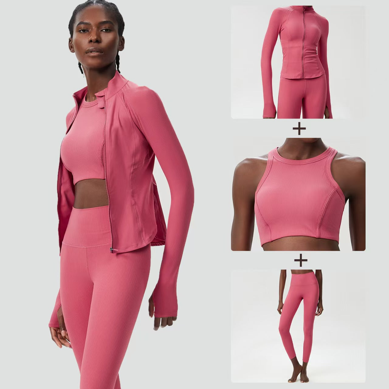 Custom Ribbed 3-Piece Activewear Collection – Cropped Jacket, Sports Top & High-Waisted Leggings | Private Label OEM