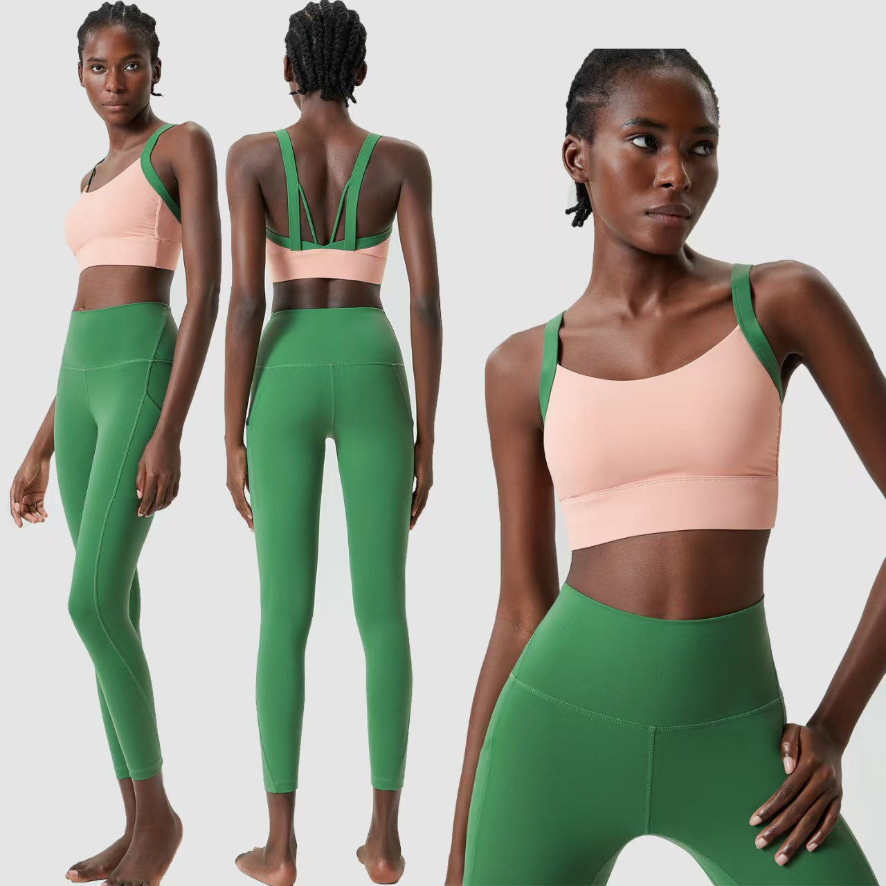 Custom Contrast Strap Sports Bra & High-Waisted Pocket Leggings Collection – Private Label Women’s Activewear OEM