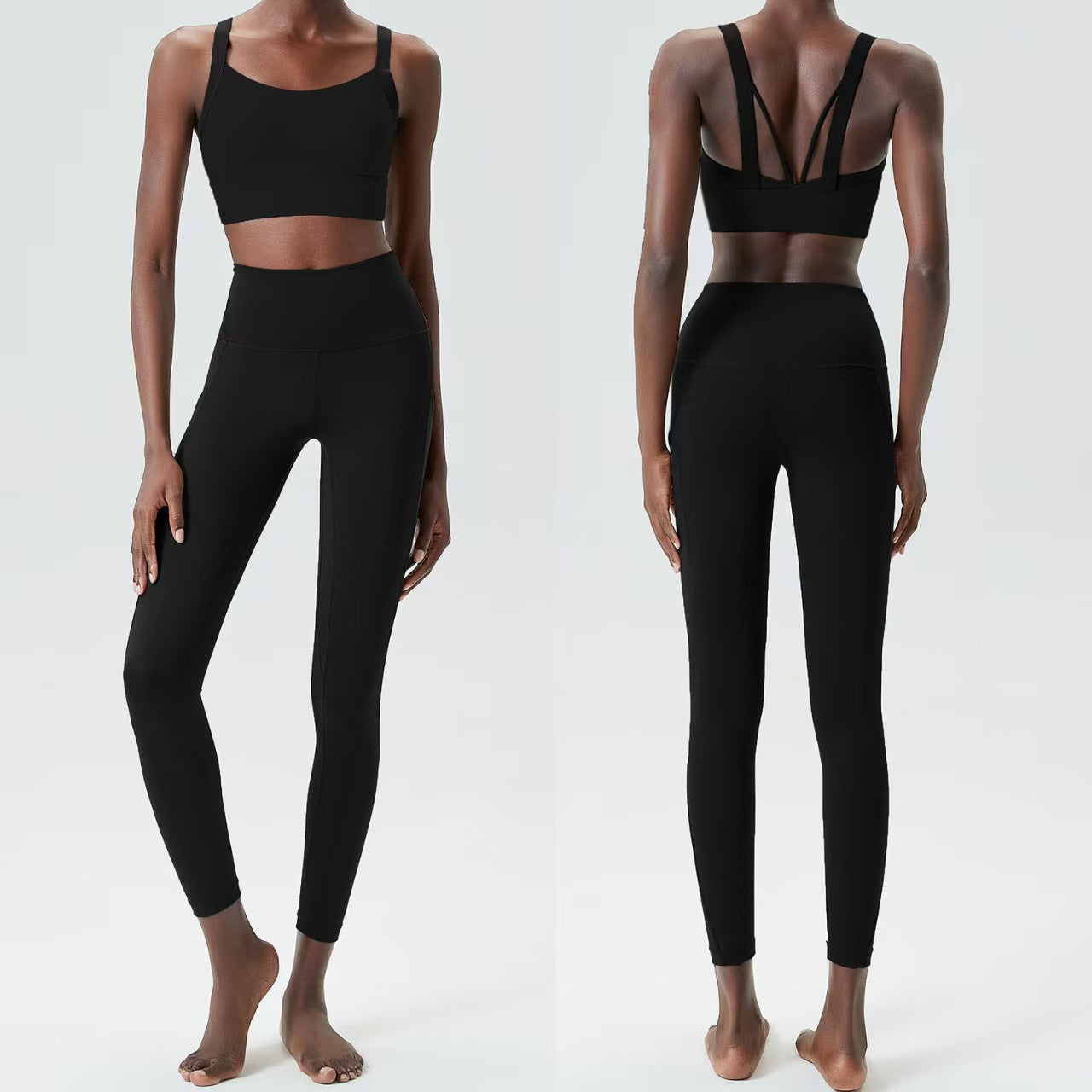 Custom Contrast Strap Sports Bra & High-Waisted Pocket Leggings Collection – Private Label Women’s Activewear OEM