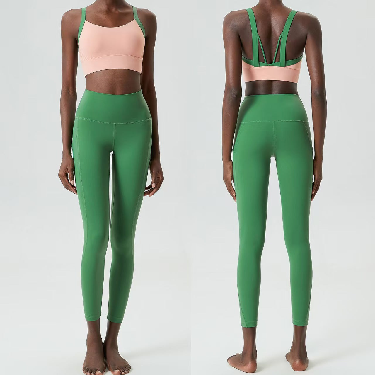 Custom Contrast Strap Sports Bra & High-Waisted Pocket Leggings Collection – Private Label Women’s Activewear OEM