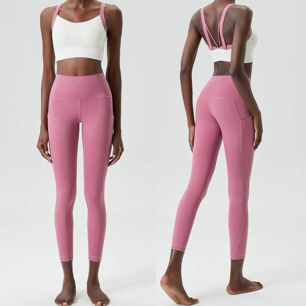 Custom Contrast Strap Sports Bra & High-Waisted Pocket Leggings Collection – Private Label Women’s Activewear OEM
